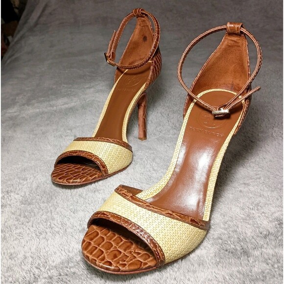 Tory Burch Croc Designed Ankle Strap Peep Toe Leather Heels Sandals Size 7M 7 M - Picture 6 of 16